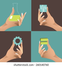 Women In Science, Tech, Engineering And Math. STEM. Female Hands Holding Icons. EPS10 Vector Royalty Free Illustration For Advertising, Promotion, Poster, Flier, Blog, Article, Social Media, Marketing