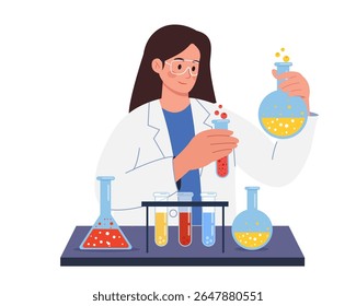 cientista mulher conduzindo experimentos em laboratório com tubos de ensaio e frascos ilustração vetorial	
