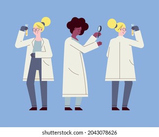 women scientist with tubes and loupe on blue background