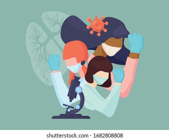 Women scientists nurses and doctors fighting against coronavirus. Feminist steminist illustration. Female Doctors, nurses and scientists together. 