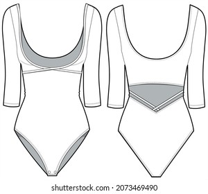 Women Scoop Neck Long Sleeve Leotard, Bodysuit, Ballet dress Front and Back View. fashion illustration, vector, CAD, technical drawing, flat drawing.