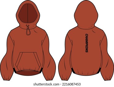 Women Sculpted Long sleeve Hoodie jacket design flat sketch illustration, Hooded sweatshirt with front and back view, windcheater winter jacket for girl and women. for hiking and workout in winter.