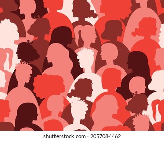 Women seamless pattern. Silhouette vector stock illustration. Different ethnos, international feminist. Texture with women for 8 March. Feminist crowd. International Women's Day