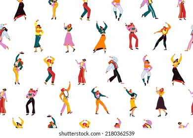 Women seamless pattern. Trendy feminism people, funny girls repeat elements, simple retro disco party, lifestyle fashion dancers. Colorful cartoon lady. Decor textile. Vector print