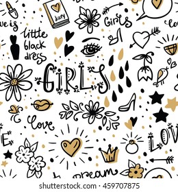 Women Seamless pattern. Woman thinking. Hand drawn women illustration. Women's feelings and dreams. Women's accessories and cosmetics. Doodle sketch background