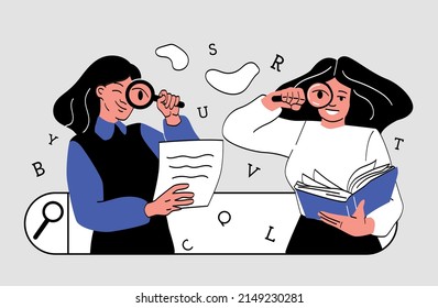 Women searching information. Employees of analytical department check documents and books, scientific research and distance education. Students do their homework. Cartoon flat vector illustration