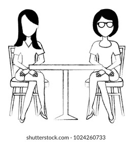 women seat in cafeteria table