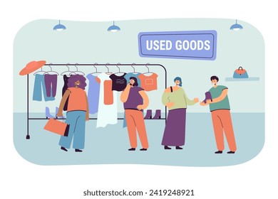 Women in second hand shop vector illustration. Customers choosing clothes and footwear. Shop assistant showing high boots to buyer. Demand for used goods, shopping concept