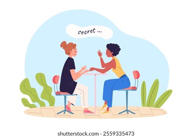 Women secret. Woman client listening gossip news at manicure, female friendship talk secrets conversation beauty salon consumer communication secrecy chatting vector illustration original artwork