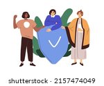 Women with secure tick on shield, protecting safety, female rights. Life insurance, security, privacy protection concept. Feminists at defence. Flat vector illustration isolated on white background
