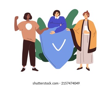 Women with secure tick on shield, protecting safety, female rights. Life insurance, security, privacy protection concept. Feminists at defence. Flat vector illustration isolated on white background