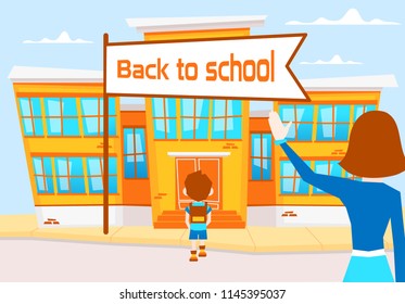 Women seeing the child off to school. Vector illustration of school boy going to school in the morning.