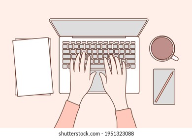 Women are seen using laptops to work in the office. Hand drawn style vector design illustrations.