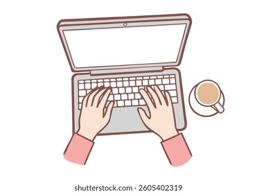 Women are seen using laptops to work in the office. Hand drawn style vector design illustrations.