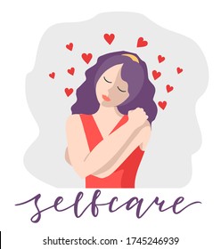 El concepto de autocuidado de las mujeres. Ama a ti mismo. Ama tu concepto corporal. Tómate tiempo para ti. Concepto de amor propio de la ilustración del vector corporal. Mujer feliz abrazándose a sí misma disfrutando de las emociones aisladas.