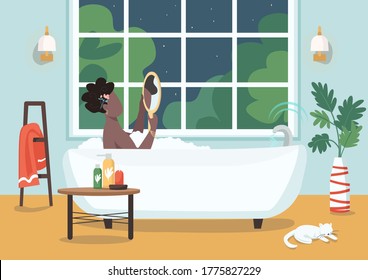 Women self care procedure flat color vector illustration. Woman in bathtub with bubbles. Nighttime routine. African american woman 2D cartoon character with bathroom interior on background