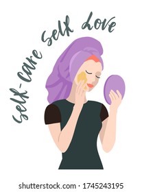 Women self care. Vector illustration with woman with funny slogan about yourself love. Self care Self love. Calligraphy typography poster with positive inspirational quote. Female print design