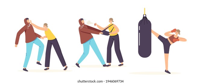 Women Self Defense Concept. Female Characters Training with Coach and Boxing Workout with Punching Bag for Protection against Robber Attack or Aggression on Street. Cartoon People Vector Illustration