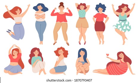 Women self love. Proud adult woman care and hugs herself, holding heart. Happy confident female. Love yourself and body positive vector set. Different overweight or plus size girls in harmony