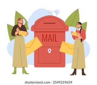 As mulheres enviam cartas. Meninas com envelopes perto do correio. Correspondência amigável ou comercial. Comunicação e interação internacionais. Ilustração de vetor plano isolada no plano de fundo branco