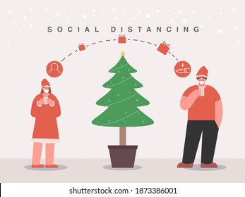 Women sending a Christmas gift for her friend with the application on   Smartphone. Illustration about social distancing in Christmas festival to prevent virus spreading.
