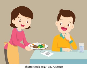 Las mujeres sirviendo comida a los hombres, la esposa sirvió comida a su marido, la familia disfruta cocinando.