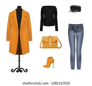 Women set. coat, sweater, pants,hat,  bag and boots. vector illustration