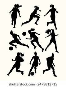 women set of football (soccer) hand drawn players silhouette vector Illustration