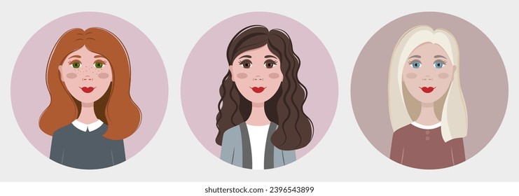 Women set portraits in simple cartoon style. Vector illustration of redhead, brunette and blonde.