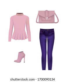 Women set. sweater, pants, bag and boots. vector illustration