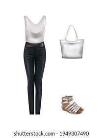 Women set. t shirt, pants, bag and sandals. vector illustration