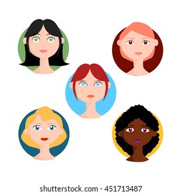Women set vector illustration. Young women, female portraits in cartoon style with different skin, eye and hair colors.