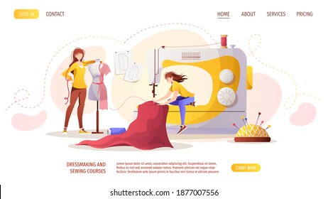 Women with sewing machine and mannequin. Patterns, pincushion, threads. Fashion designer, seamstress, sewing workshop, tailoring, needlework, handicraft concept. Vector illustration for banner.