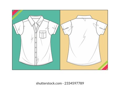 WOMEN SEWING PATTERN SHIRT COLLAR SHORT SLEEVE SKETCH FASHION TEMPLATE TECHNICAL DRAWING ILLUSTRATION