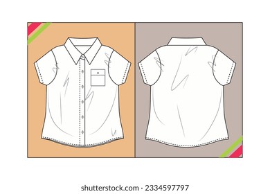 WOMEN SEWING PATTERN SHIRT COLLAR SHORT SLEEVE SKETCH FASHION TEMPLATE TECHNICAL DRAWING ILLUSTRATION