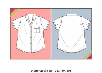 WOMEN SEWING SHIRT, SHORT SLEEVE SKETCH FASHION TEMPLATE TECHNICAL DRAWING ILLUSTRATION