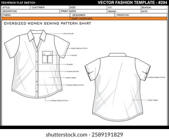 WOMEN SEWING SHIRT, SHORT SLEEVE SKETCH FASHION TEMPLATE TECHNICAL DRAWING ILLUSTRATION