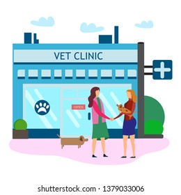 Women Shake Hands Outside Vet Clinic Facade Vector Illustration. Hire Employee Worker Contract Make Deal Buy Operating Business Sell Ready Company Veterinarian Professional Service Animal Treatment