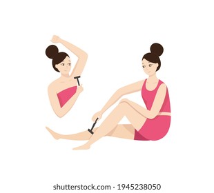 Women shaving legs and armpits with razor, flat vector illustration isolated.