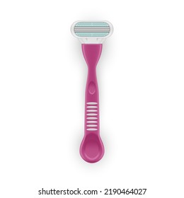 Women shaving machine with pink handle and sharp blade realistic vector illustration. Female shaver body hair remove hygiene grooming accessory depilation equipment. Smooth skin manual maintenance