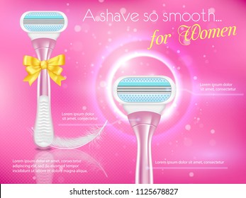 Women shaving razor ads. Vector realistic illustration of wet shave razor mockups with copy space. Smooth shave concept poster, banner design template.