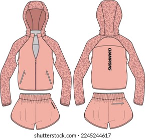 Women shell suit Hoodie with trail running short and sleeveless jacket design flat sketch illustration, Hooded jacket with front and back view, winter jacket for girl and women.