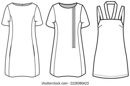 Women shift dress design flat sketch fashion illustration drawing with front and back view