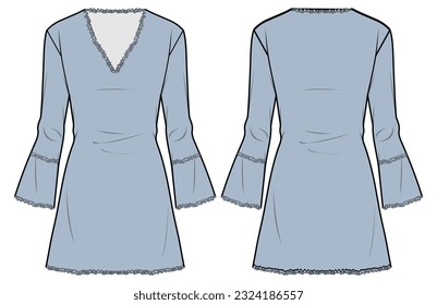 Women Shift Kleid Design flache Skizze Mode Illustration mit Vor- und Rückansicht. Trompete-Ärmel / Nacken ein Line-Kleid Frost-Kad-Zeichnung Vektorgrafik-Vorlage