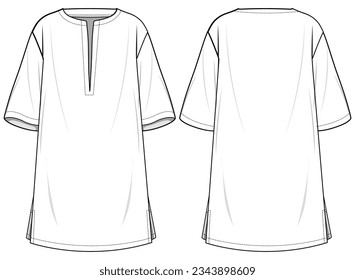 Women Shift dress design flat sketch fashion illustration with front and back view. Side slit tunic dress a line dress frock cad drawing vector template
