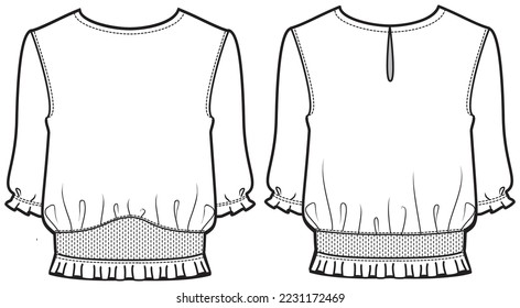 Women shirring waist blouse with gathering details design flat sketch fashion illustration with front and back view