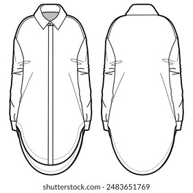 Diseño de vestidos de camisa de mujer con ilustración de Vector de dibujo plano de cuello con vista frontal y posterior, vestido de camisa de túnica de manga larga dibujo técnico Plantilla