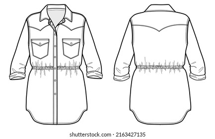 women shirt dress long sleeve button down denim shirt dress flat sketch vector illustration, front and back view apparel template