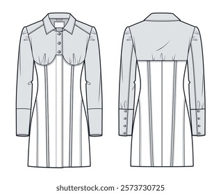 Women Shirt Dress technical fashion illustration. Mini Dress fashion flat technical drawing template, corset seams, button, gathered bust, buttoned cuffs, front and back view, white, women CAD mockup.