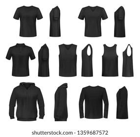 Women shirts 3d vector templates from front and side views. Black t-shirt, polo and hooded sweatshirt, tank top and long sleeve shirt, sport and activewear, promotional uniform design